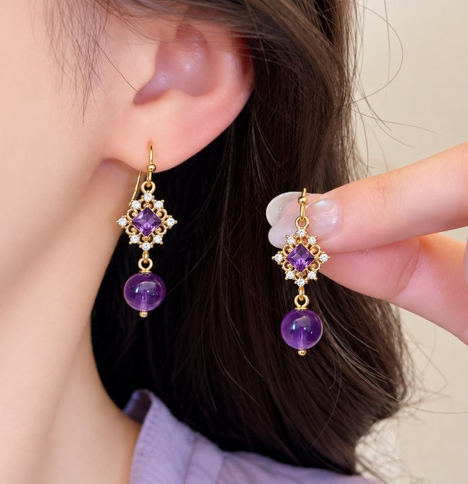 PURPLE DIAMOND HOOK HANGING DROP EARRING
