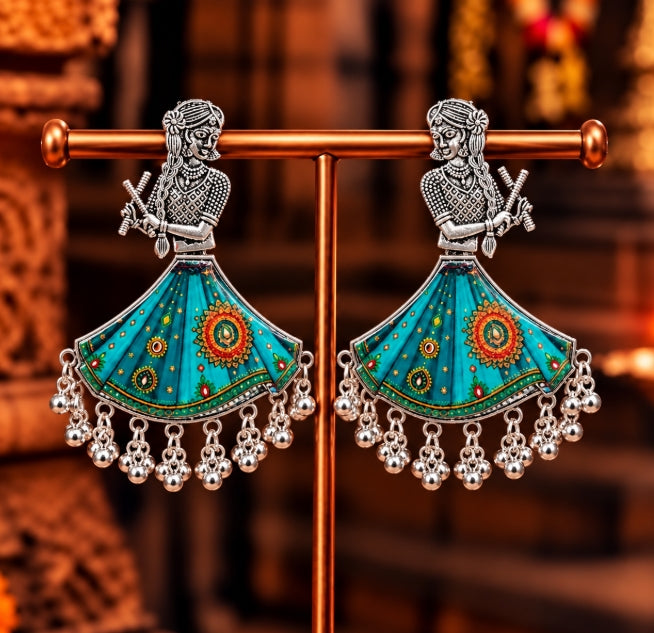 BIG NAVRATRI EARRINGS OXIDISED SILVER DANCING GIRL EARRINGS