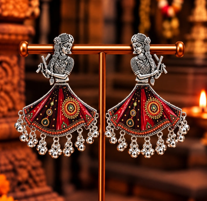 BIG NAVRATRI EARRINGS OXIDISED SILVER DANCING GIRL EARRINGS