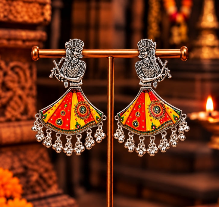 BIG NAVRATRI EARRINGS OXIDISED SILVER DANCING GIRL EARRINGS