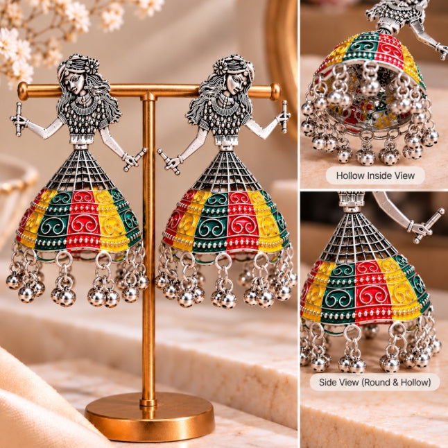 BIG NAVRATRI EARRINGS OXIDISED SILVER JHUMKA HAND PAINT DANCING GIRL EARRING