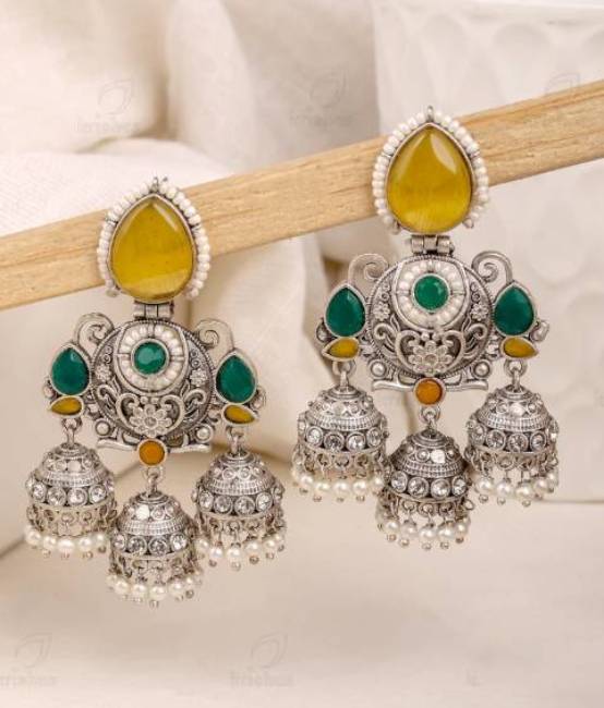 TRADITIONAL LONG TEMPLE JHUMKI EARRINGS BRASS