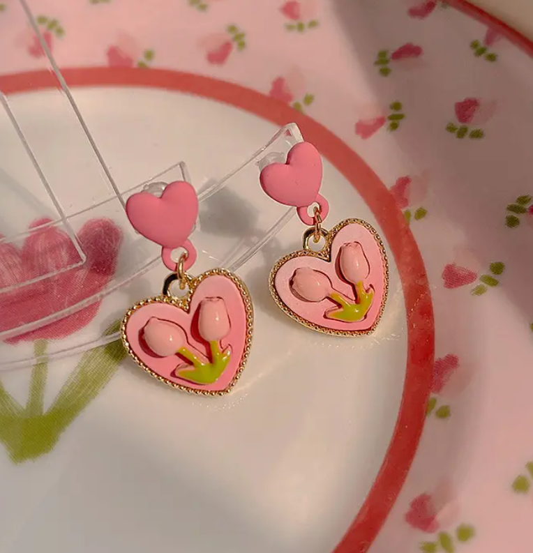Small Heart Flower Drop / Stud Earring
