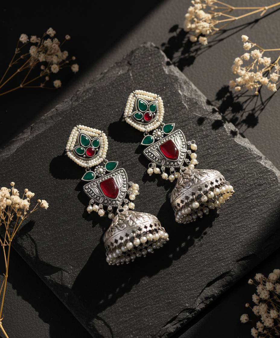 TRADITIONAL LONG TEMPLE JHUMKI EARRINGS BRASS