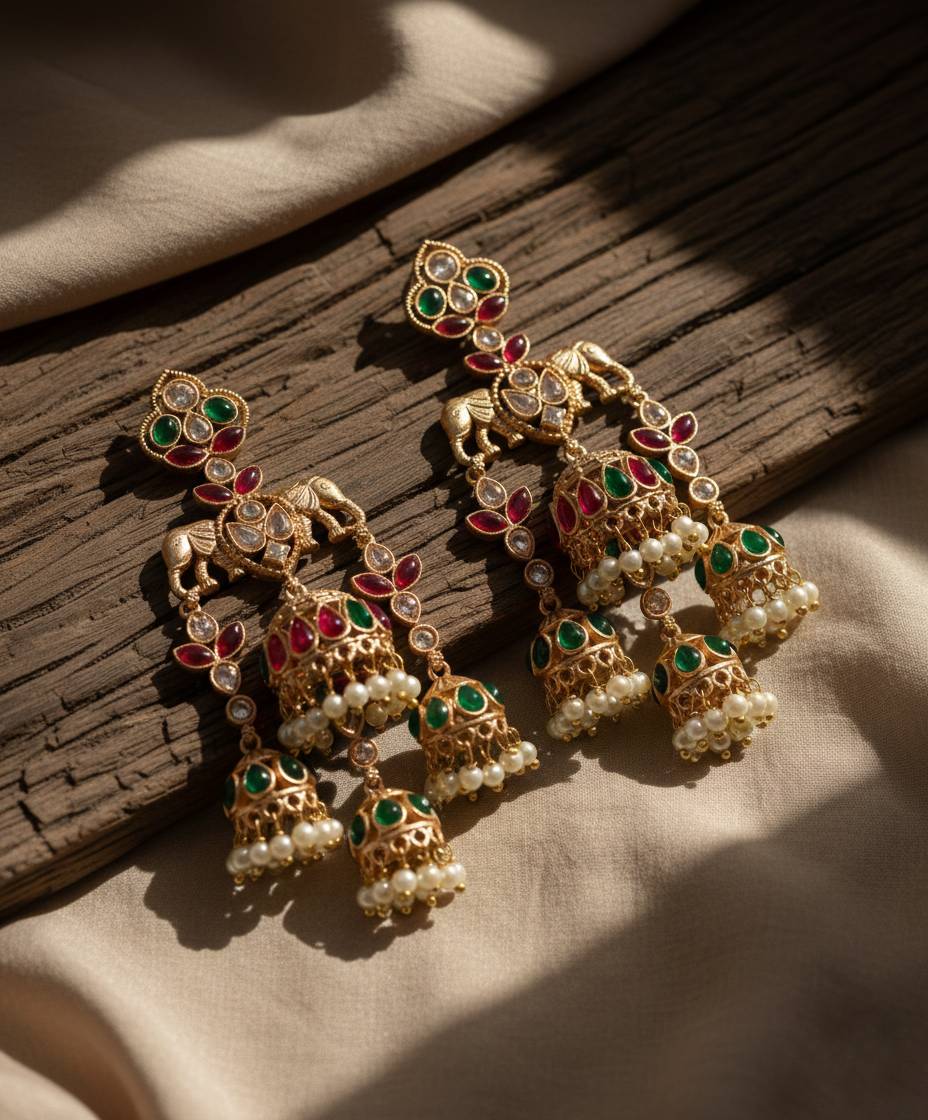 TRADITIONAL LONG TEMPLE JHUMKI EARRINGS BRASS