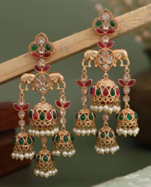 TRADITIONAL LONG TEMPLE JHUMKI EARRINGS BRASS