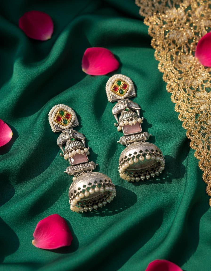 TRADITIONAL LONG TEMPLE JHUMKI EARRINGS BRASS