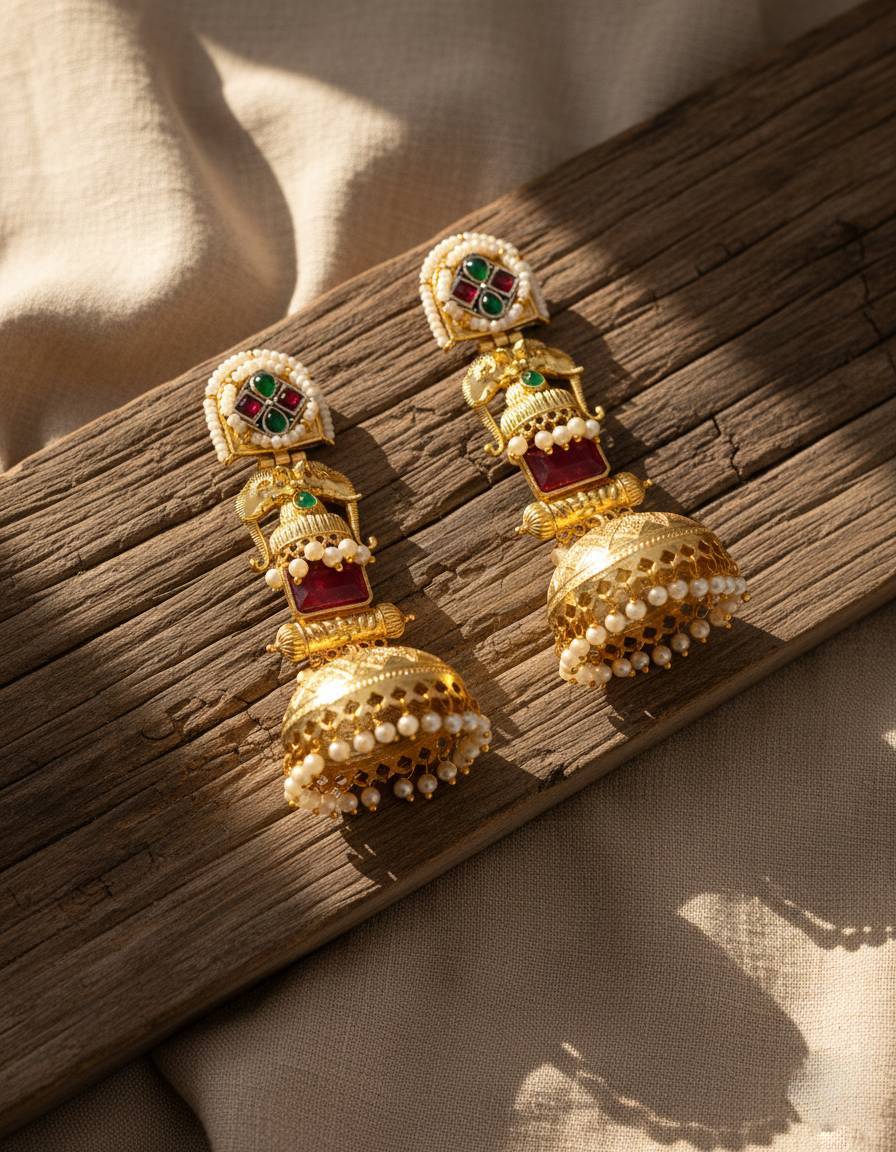 TRADITIONAL LONG TEMPLE JHUMKI EARRINGS BRASS