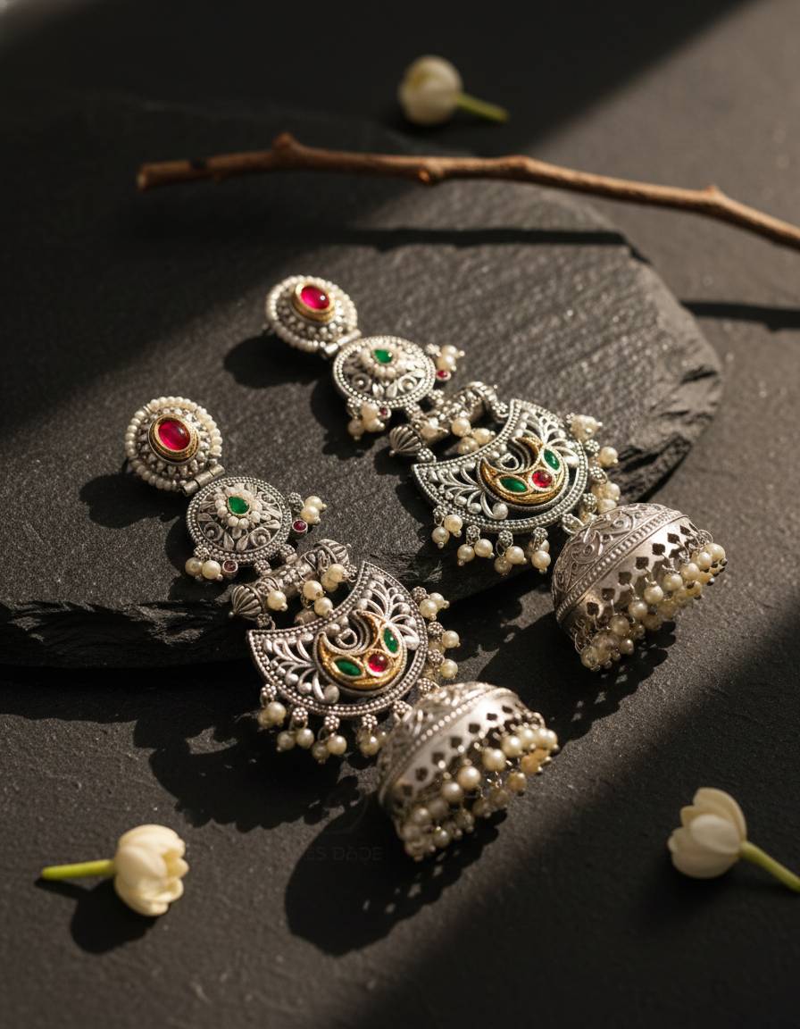 TRADITIONAL LONG TEMPLE JHUMKI EARRINGS BRASS