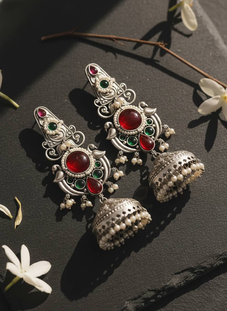 TRADITIONAL LONG TEMPLE JHUMKI EARRINGS BRASS