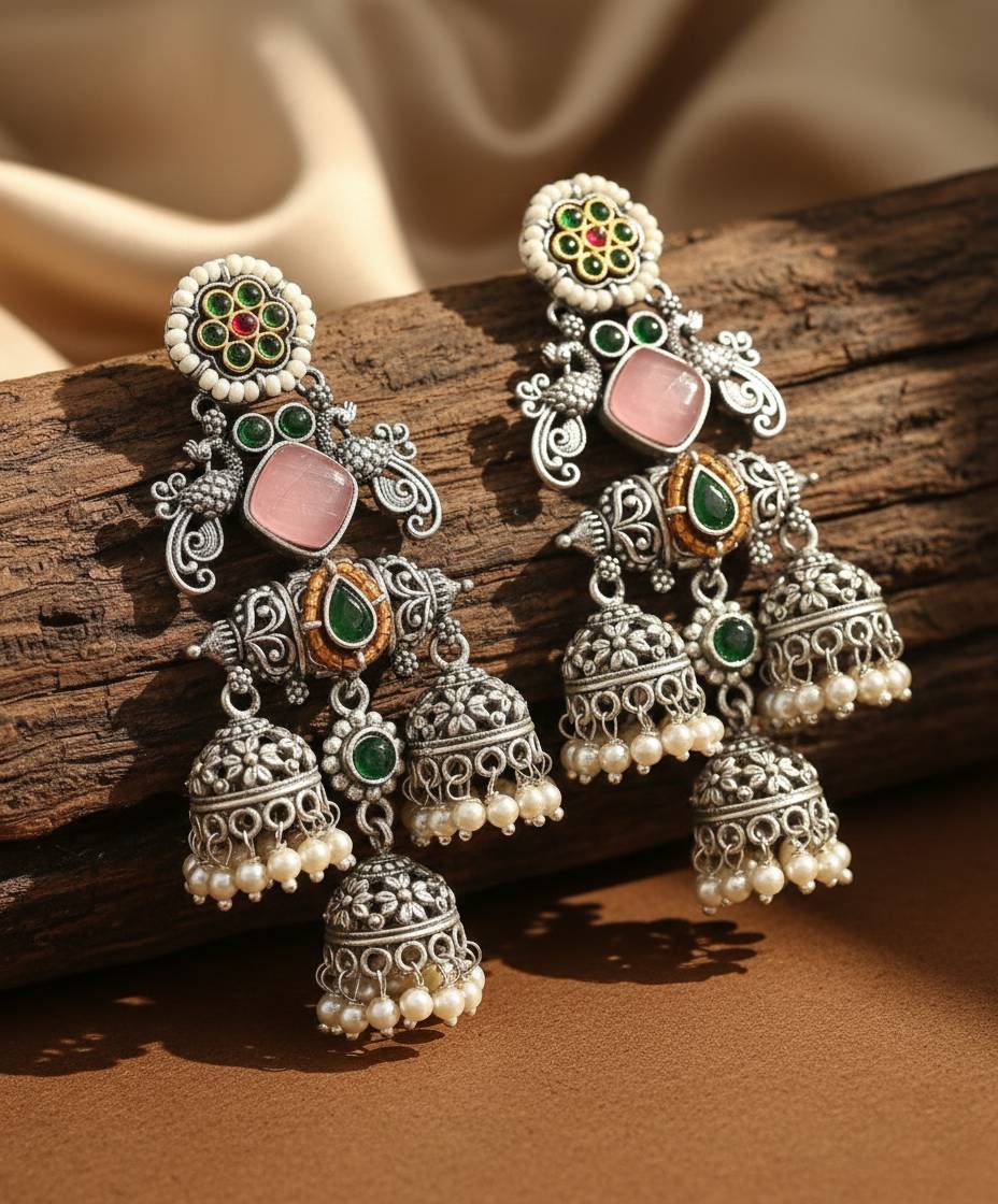 TRADITIONAL LONG TEMPLE JHUMKI EARRINGS BRASS