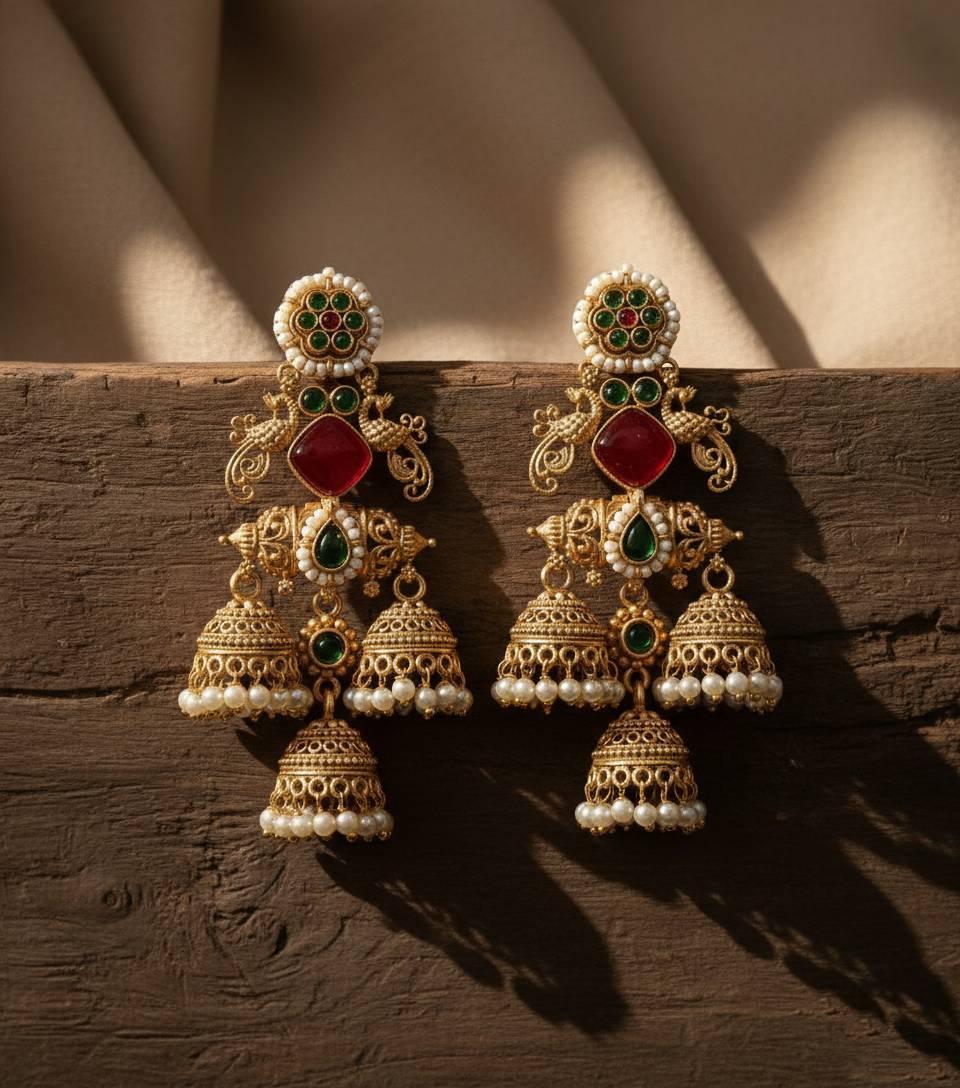 TRADITIONAL LONG TEMPLE JHUMKI EARRINGS BRASS