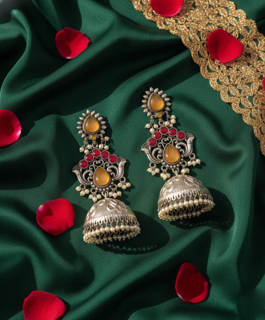 TRADITIONAL LONG TEMPLE JHUMKI EARRINGS BRASS