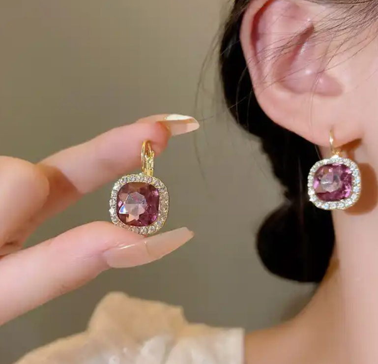 PURPLE CRYSTAL DIAMOND KOREAN HOOP EARRINGS