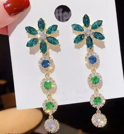Flower Ad Stone Crystal Drop Earring