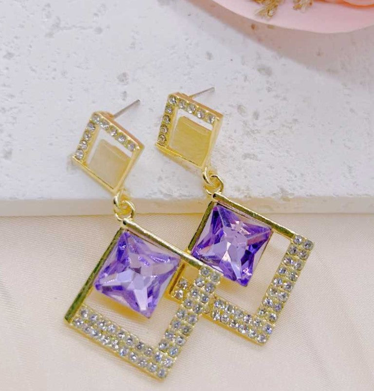 Purple Crystal Geometric Earrings