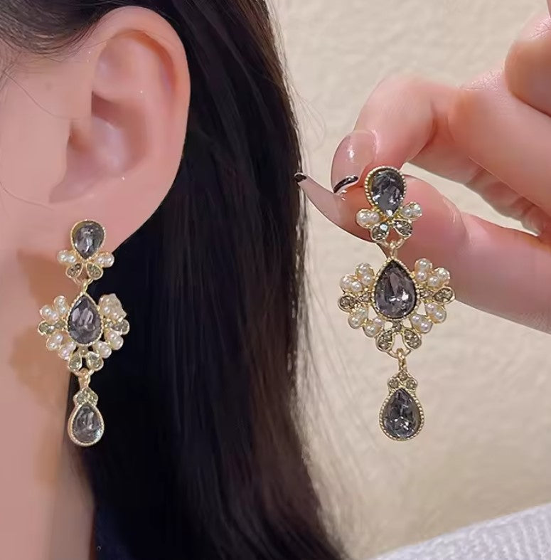 Pearl Crystal Drop Long Earring