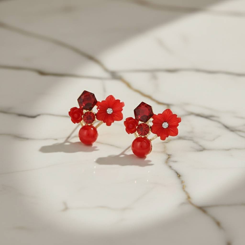 RED CRYSTAL FLOWER EARRING