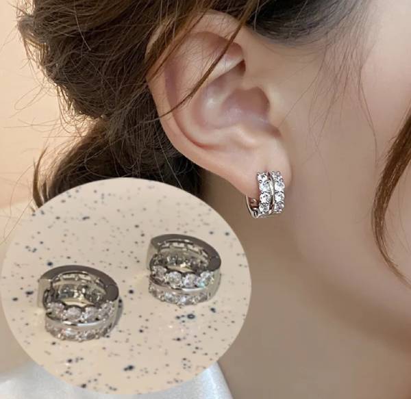 SILVER SMALL ZIRCON KOREAN HOOP EARRINGS FOR WOMEN GIRLS EARRING