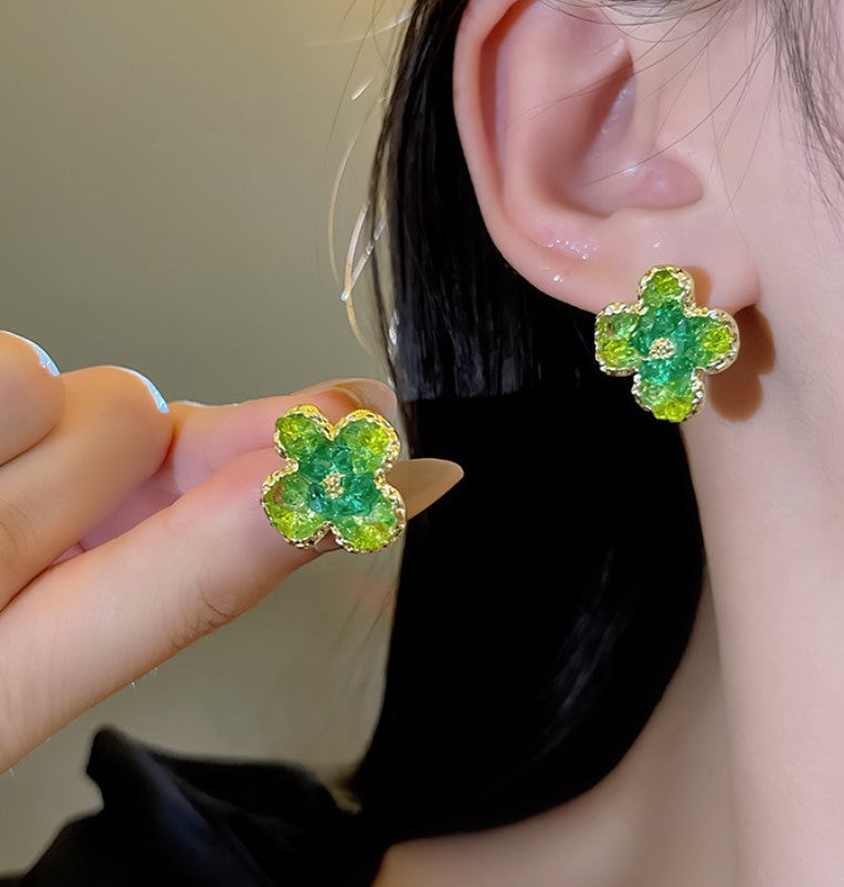 CRYSTAL GREEN FLOWER EARRINGS FOR WOMEN GIRLS