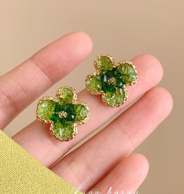 CRYSTAL GREEN FLOWER EARRINGS FOR WOMEN GIRLS