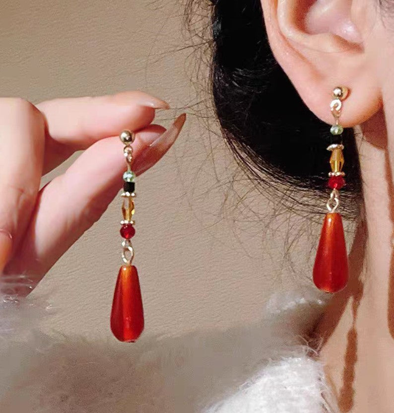 RED TEAR DROP WATER DROP KOREAN EARRINGS FOR WOMEN GIRLS
