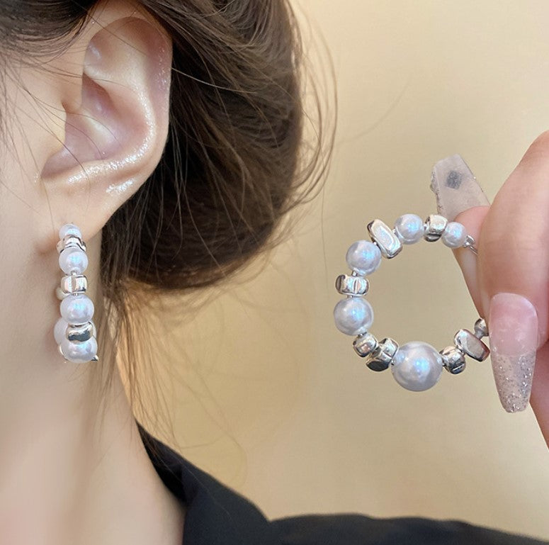 WHITE PEARLS HALF HOOP EARRINGS FOR WOMEN GIRLS 