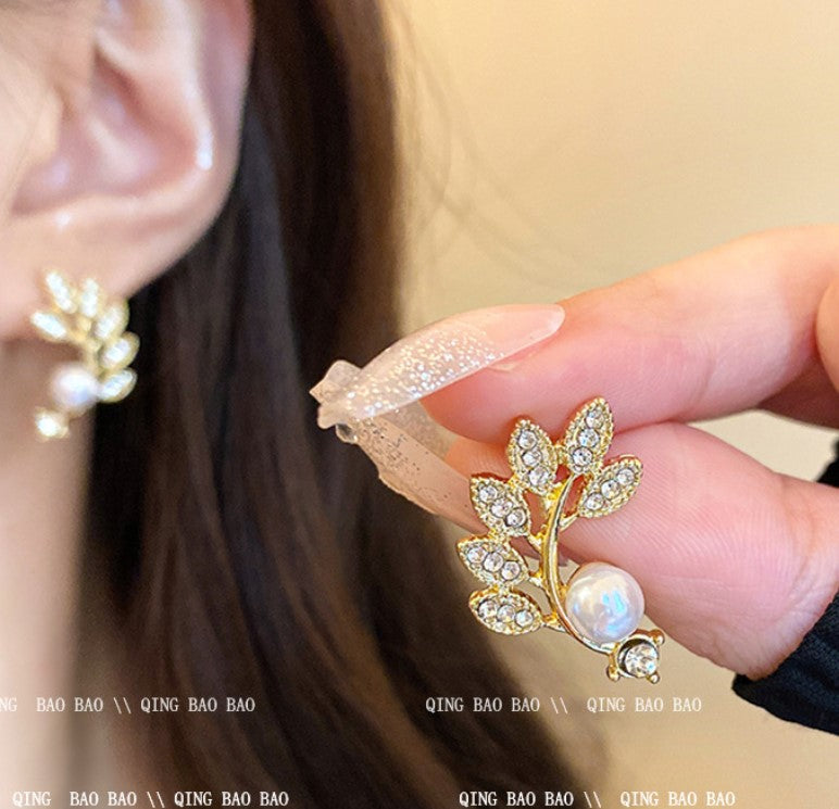 GOLD ZIRCON PEARL FLOWER LEAF KOREAN EARRINGS FOR WOMEN & GIRLS