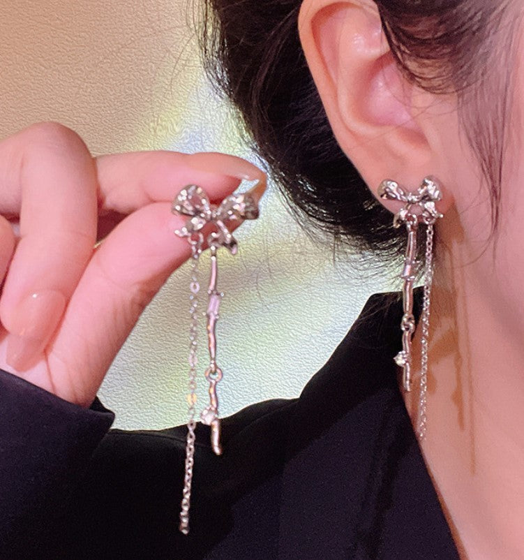 SILVER BOW TIE KOREAN TASSEL EARRINGS