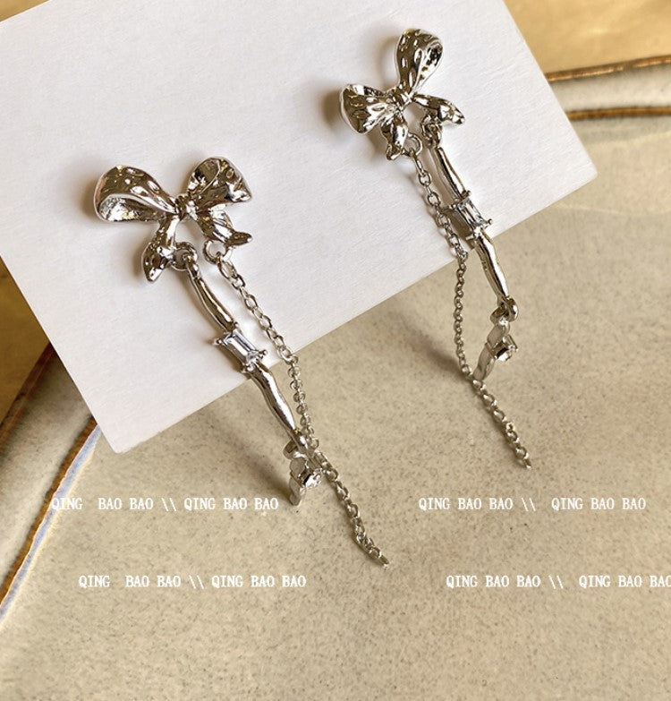 SILVER BOW TIE KOREAN TASSEL EARRINGS