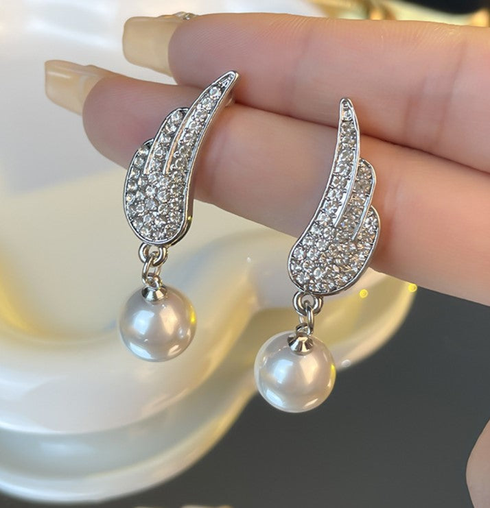 ANGEL WINGS PEARL ZIRCON KOREAN DROP EARRINGS