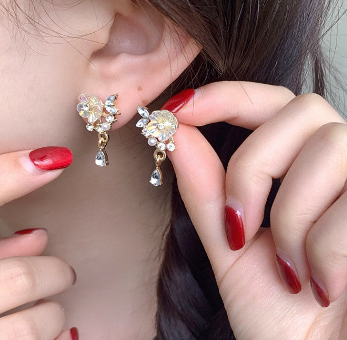 GOLD FLOWER PEARL ZIRCON KOREAN STUD EARRINGS