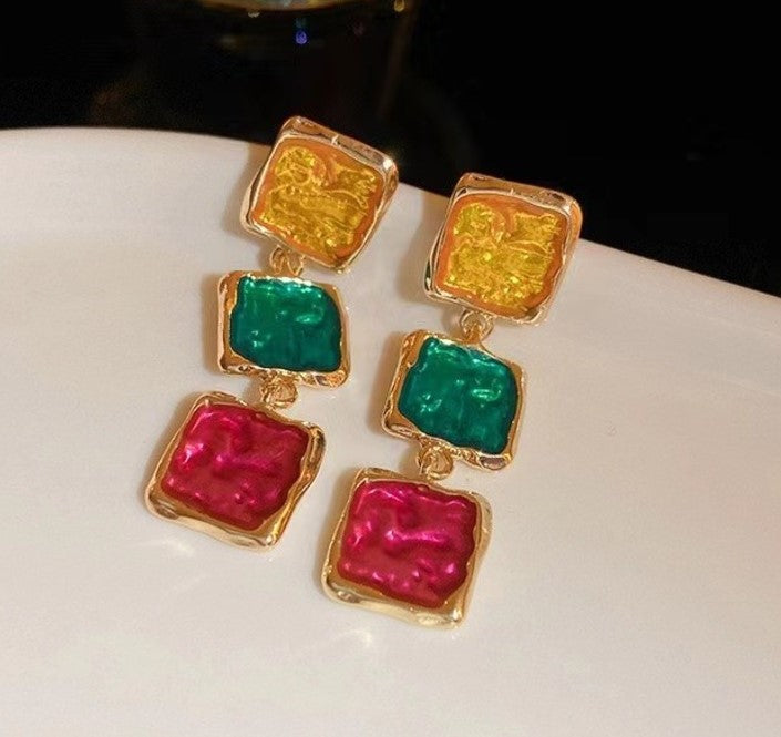 MULTICOLOR LONG GEOMETRIC KOREAN DROP EARRINGS