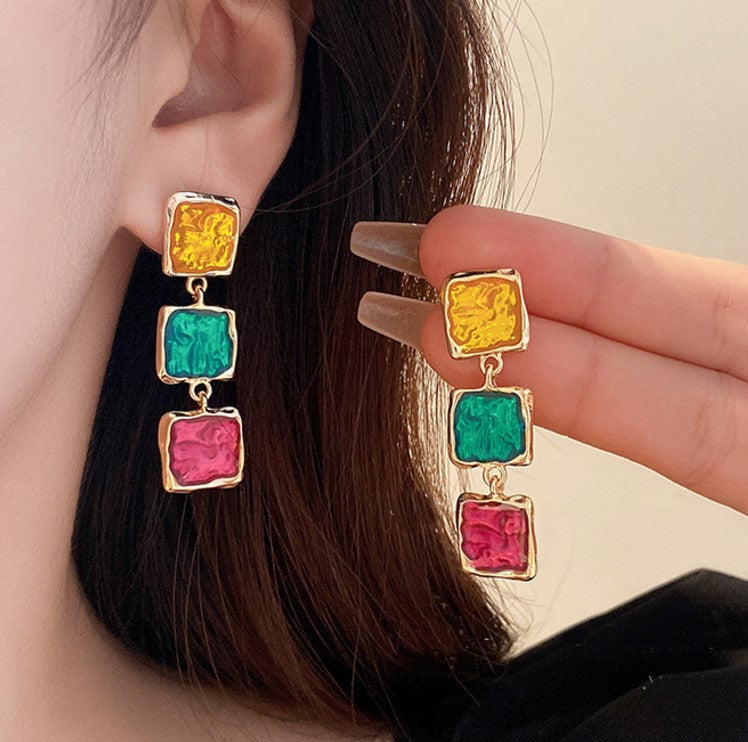 MULTICOLOR LONG GEOMETRIC KOREAN DROP EARRINGS