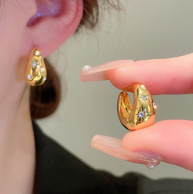 GOLD ZIRCON DIAMOND KOREAN HOOP EARRINGS