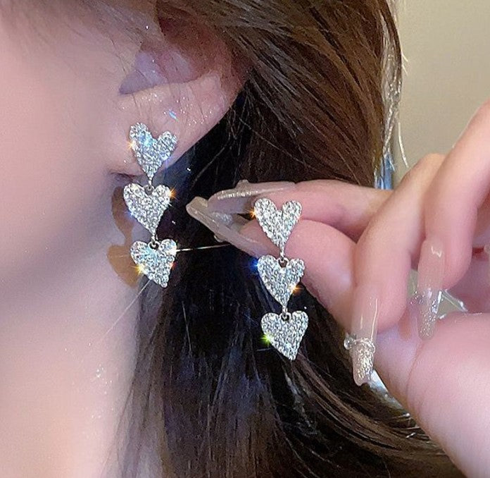 LONG SILVER HEART ZIRCON KOREAN DROP EARRINGS