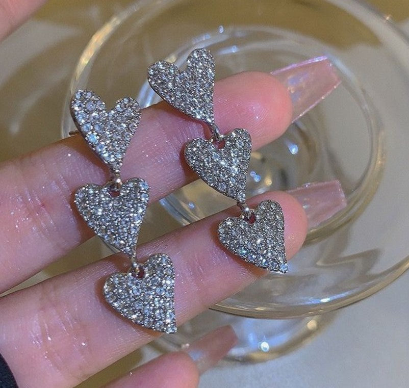 LONG SILVER HEART ZIRCON KOREAN DROP EARRINGS
