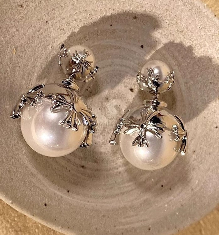 SILVER CROSS PEARL KOREAN STUDS EARRINGS