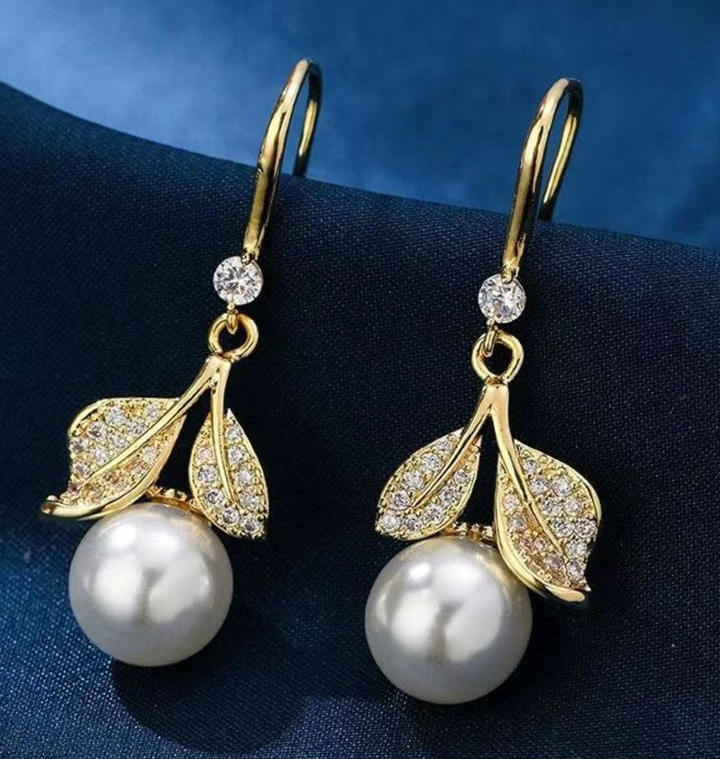 PEARLS LEAF FLOWER ZIRCON KOREAN DROP EARRINGS