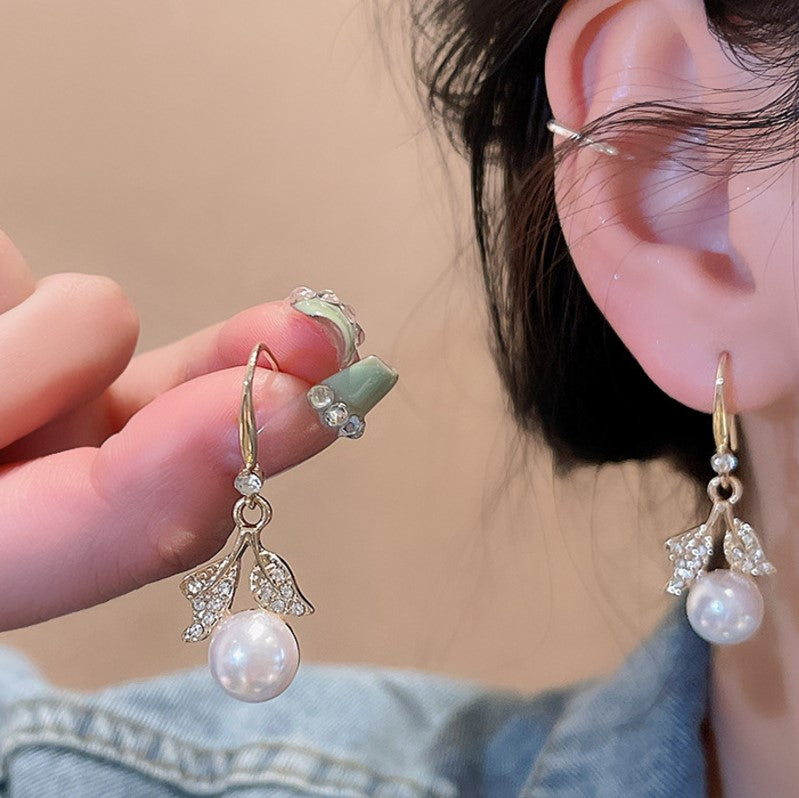 PEARLS LEAF FLOWER ZIRCON KOREAN DROP EARRINGS