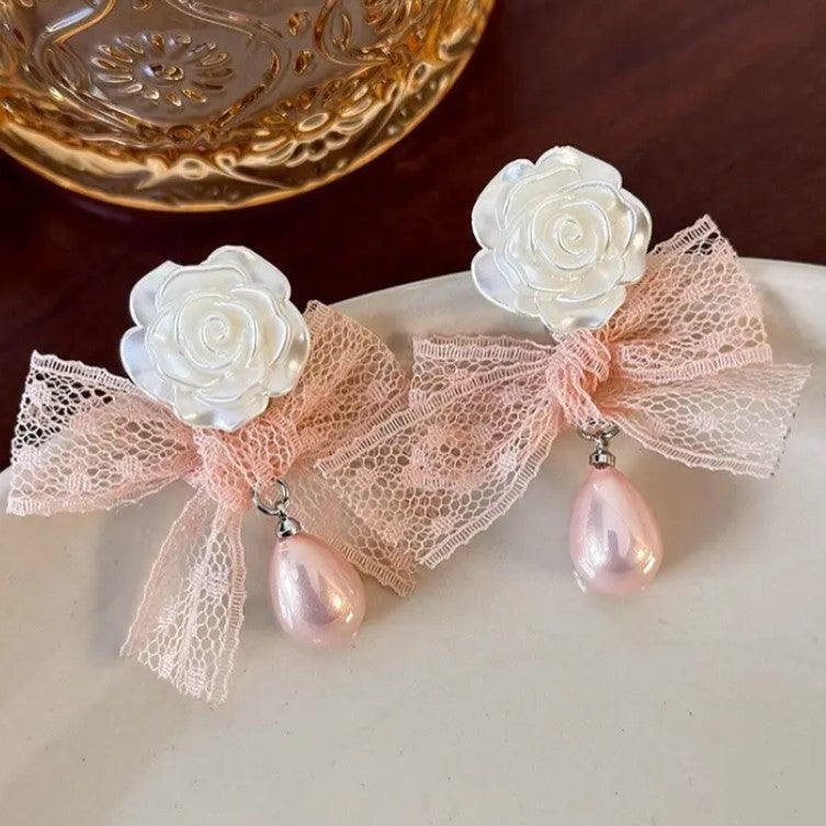PINK FABRIC PEARLS BOW TIE DROP FLOWER EARRINGS