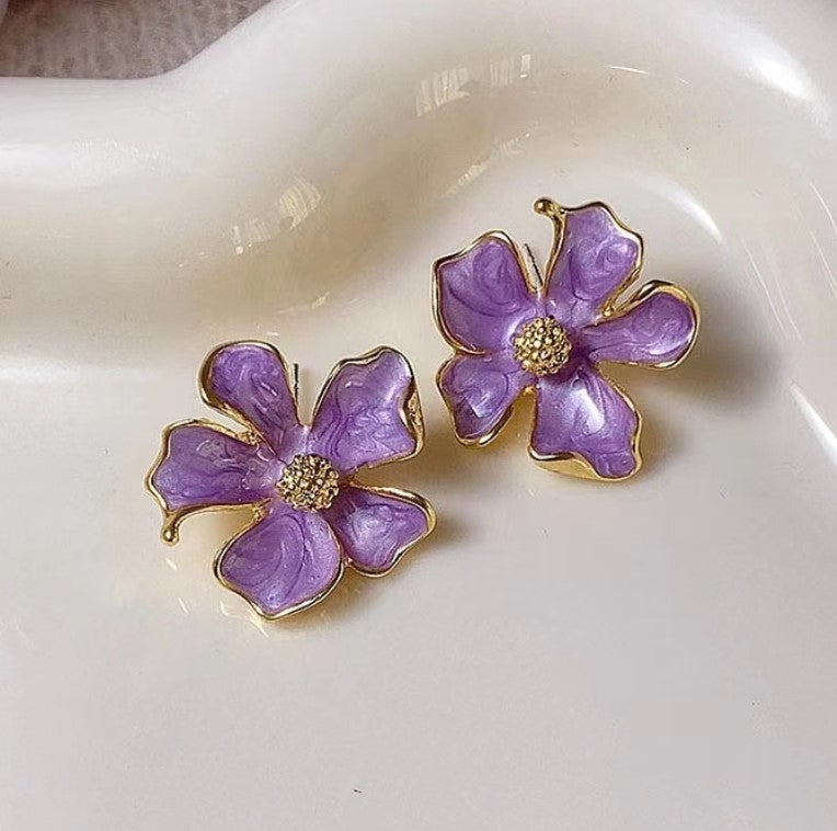 PURPLE FLORAL FLOWER KOREAN STUDS EARRINGS