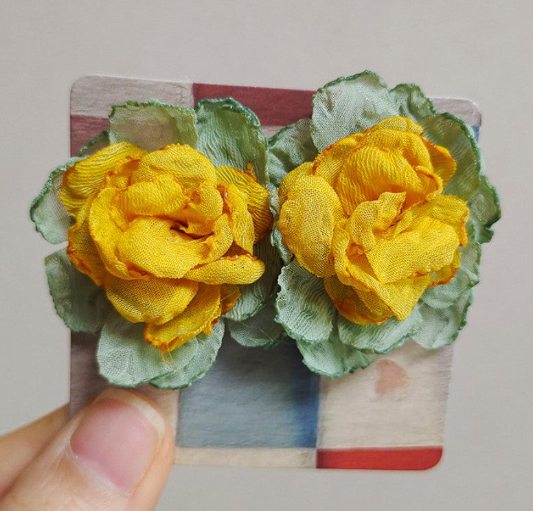 YELLOW FLORAL FLOWER FABRIC KOREAN STUD EARRINGS