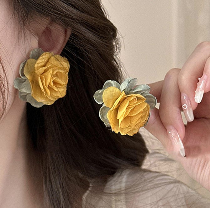 YELLOW FLORAL FLOWER FABRIC KOREAN STUD EARRINGS