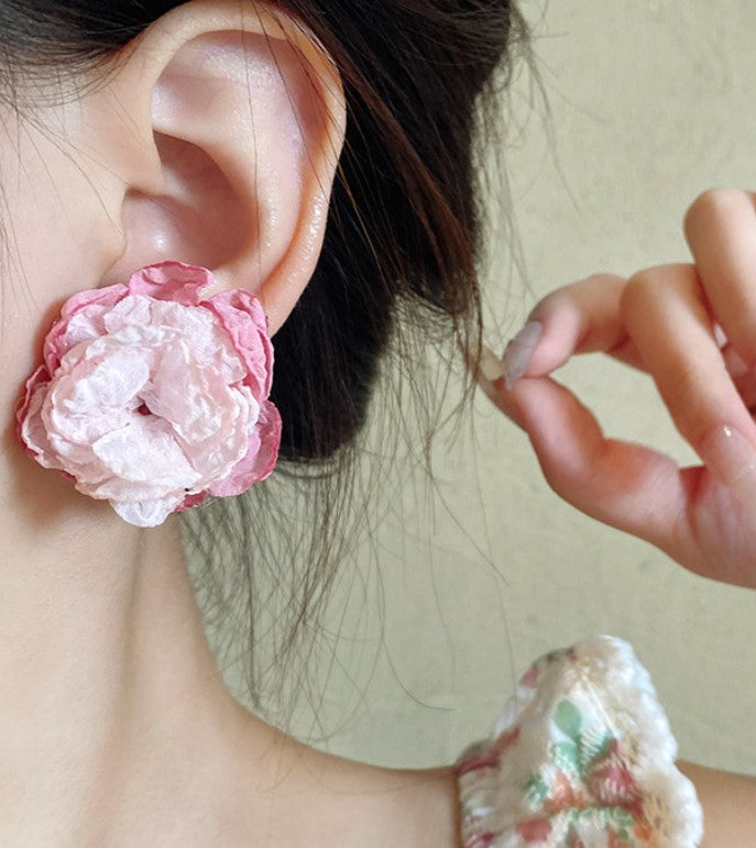 PINK FLORAL FLOWER FABRIC KOREAN STUD EARRINGS