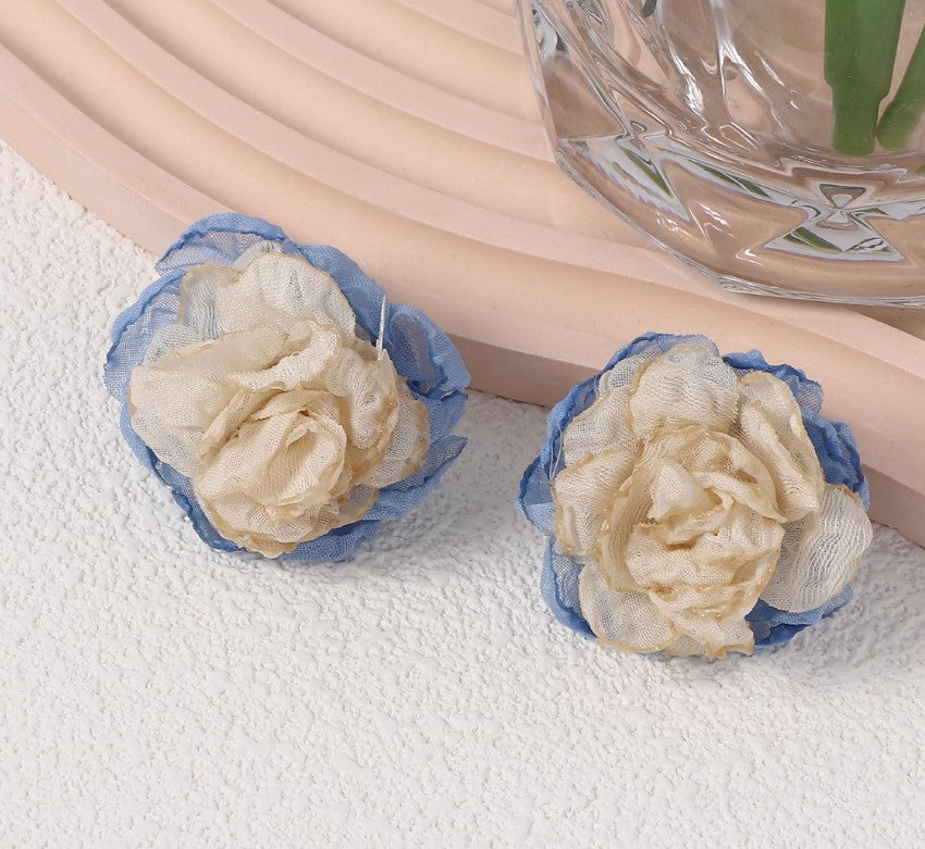 BLUE FLORAL FLOWER FABRIC KOREAN STUD EARRINGS