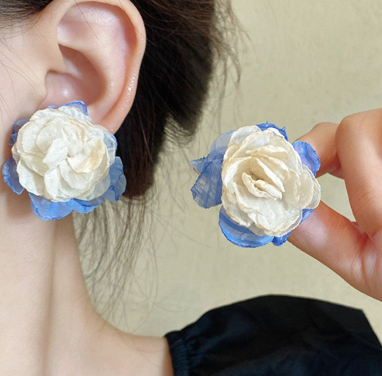 BLUE FLORAL FLOWER FABRIC KOREAN STUD EARRINGS