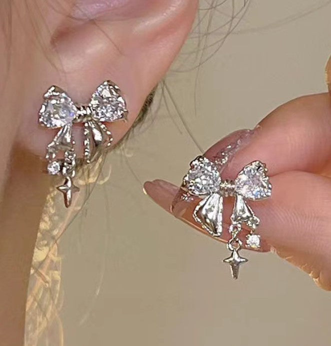 SILVER BOW TIE ZIRCON KOREAN STUDS EARRINGS
