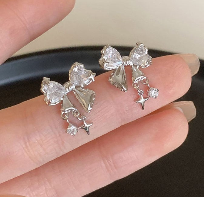 SILVER BOW TIE ZIRCON KOREAN STUDS EARRINGS