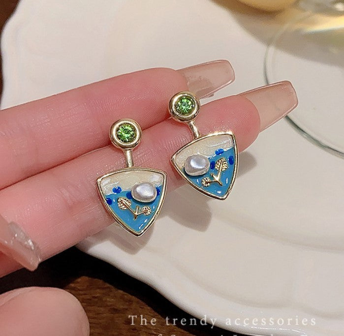 BLUE TRIANGLE PEARLS FLOWER KOREAN DROP EARRINGS